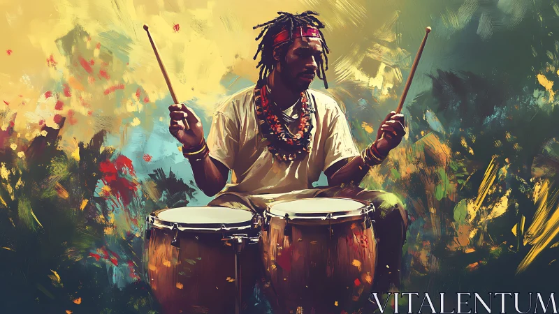 Dynamic conga drummer framed by vibrant abstract color field.