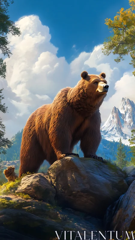 Brown bear stands on rocky ledge in bright mountain valley.