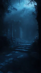 Moonlit stone stairway climbs toward haunted forest ruins.