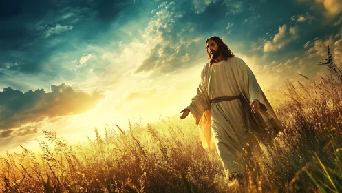 Religious figure walking through glowing golden field at dawn