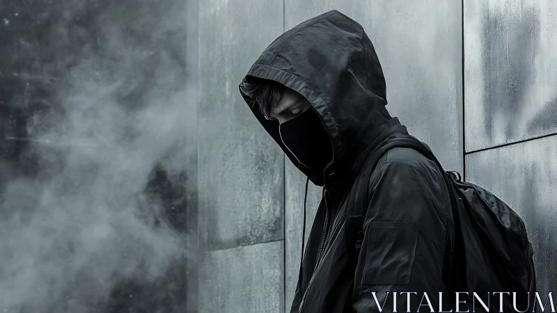 Hooded figure in black mask leaning against metal wall.