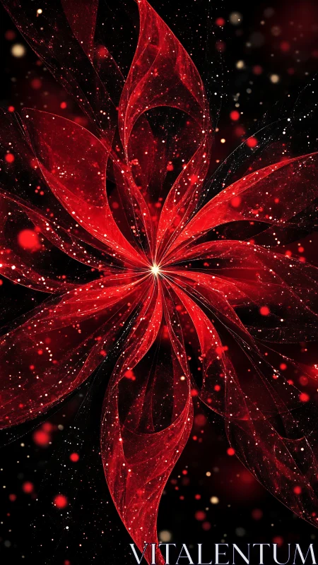 Radiant red cosmic flower spirals gently through stardust