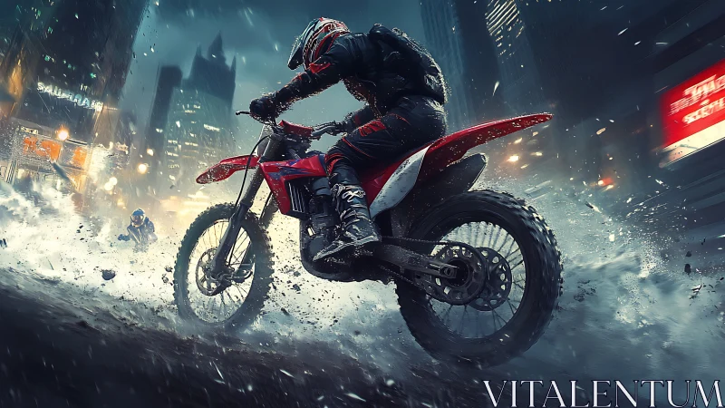 Motorcyclist rides off-road bike through wet urban street