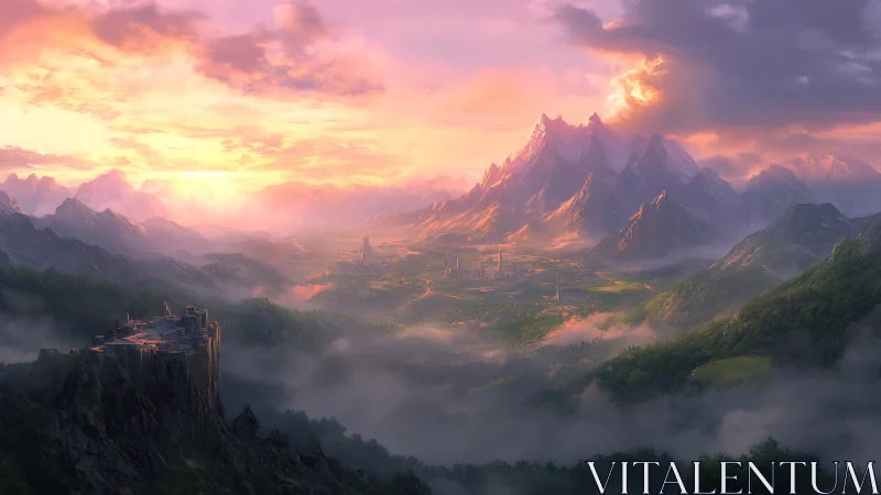Sunlit valley kingdom beneath misty rose-gold peaks.