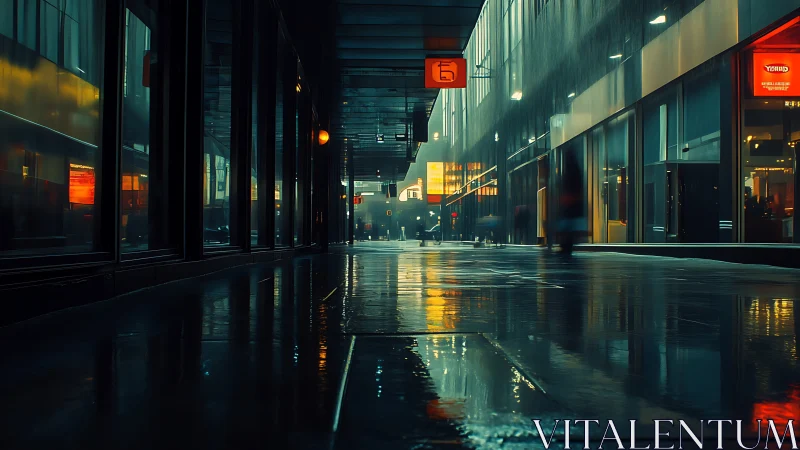 Rain-soaked urban corridor reflects neon signage and blurred figures