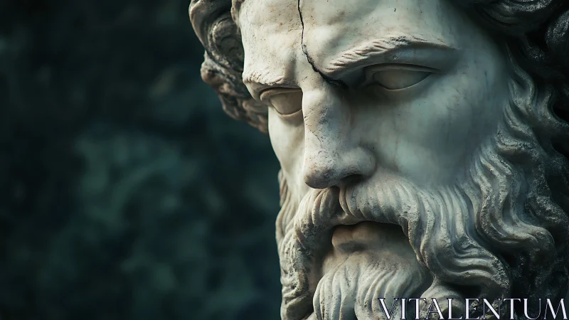 Marble bearded statue face fills frame in close focus