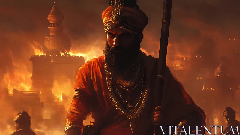 Warrior king in burning city with palace engulfed in flames.