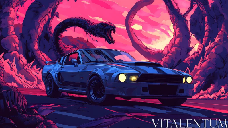 Midnight muscle car facing neon serpent on wild road.