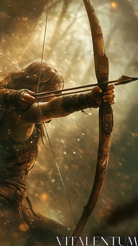 Cinematic archer draws wooden bow amid golden forest haze