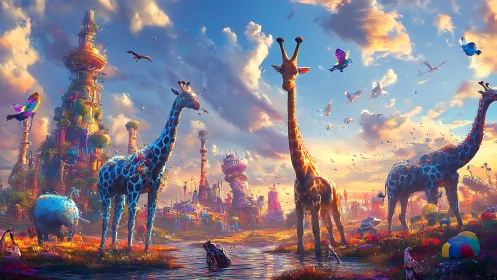 Giraffes wander a neon dreamscape beneath shimmering towers