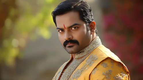 Regal portrait of man in ornate gold traditional attire.