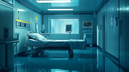 Silent hospital ICU room bathed in cool blue light.