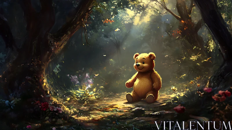 Smiling teddy bear sits under sunlit forest clearing