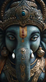 Close frontal view shows ornate Ganesha statue face