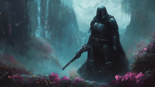 Armored ranger patrols misty gorge with luminous flora