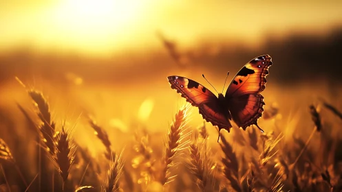 Backlit wheatfield butterfly under golden hour radiance.