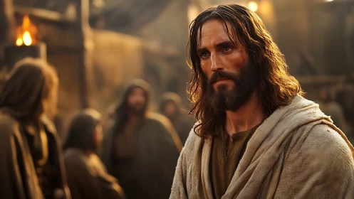 Bearded robed man stands in shallow focus among hooded figures