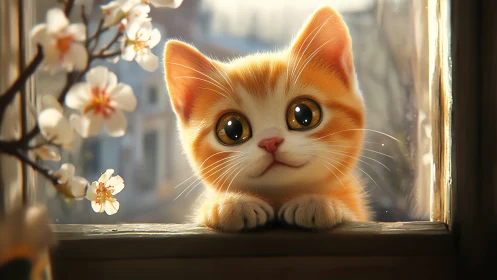 Ginger Kitten Observes Spring Blossoms from Sunlit Window Frame