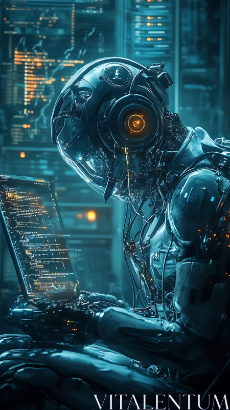 Cyborg programmer codes in neon lit cybernetic server room