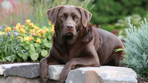 Chocolate lab daydreams on a stone garden throne of blooms.
