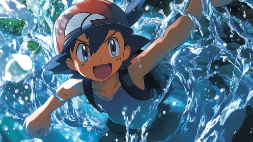 Animated boy moves forward through splashing water waves