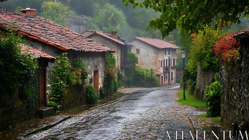 Rain-washed cobblestone lane in lush European village.