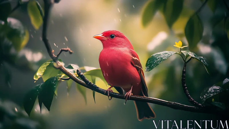 Vibrant red songbird perched on branch in lush rain forest scene.