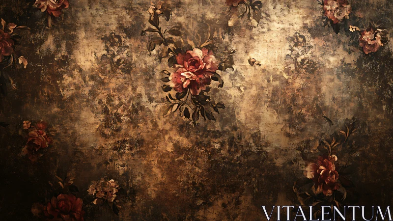 Timeworn floral tapestry glowing in antique ember light.