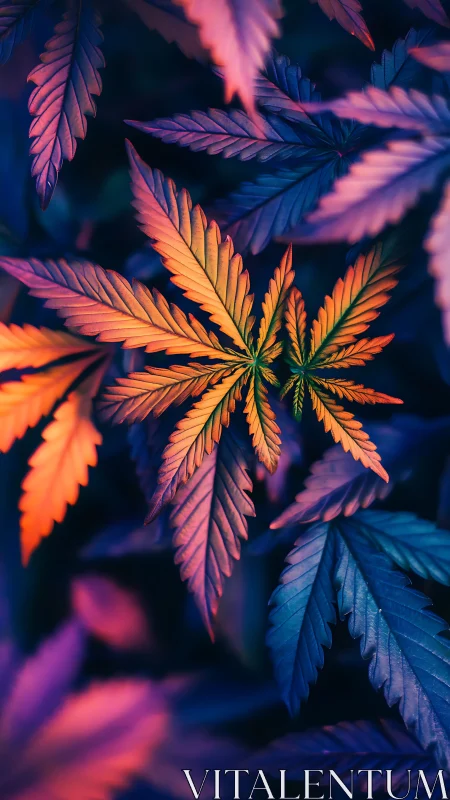 Multicolor cannabis leaves glow in vivid neon gradients.