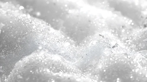 Sunlit macro snow crystals sparkle along soft ridges