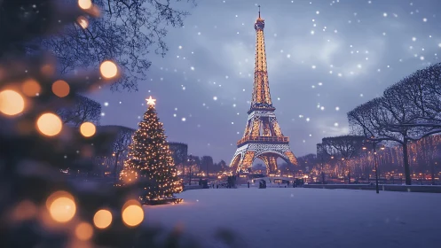 Eiffel Tower Christmas nightscape with bokeh snowfall glow.
