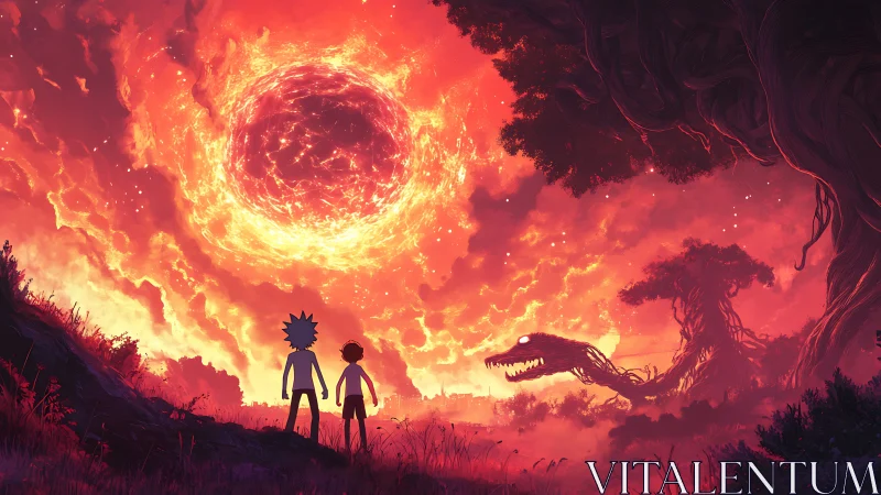 Two figures face fiery portal sky and looming tree beast.