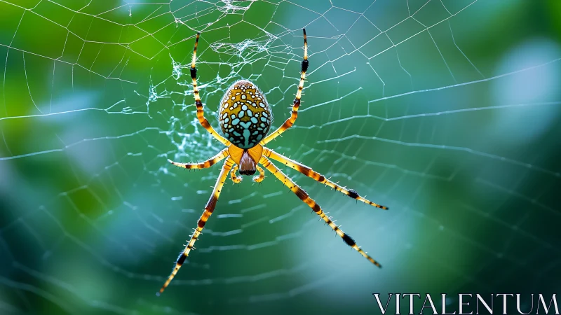 Colorful orb weaver spider rests centered on radial web