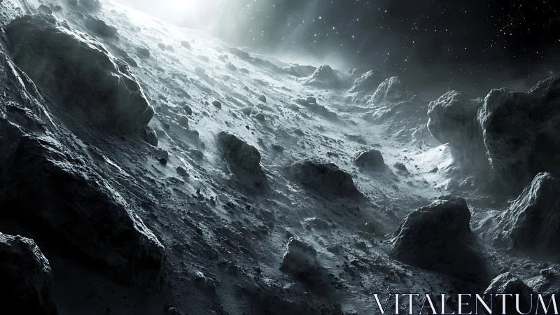 Lonely asteroid landscape glowing under distant starlight.