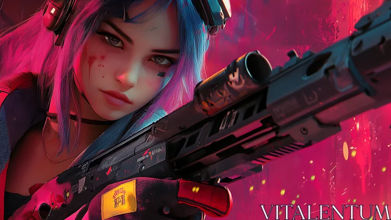 Neon haired cyberpunk sniper steadies aim in glowing chaos
