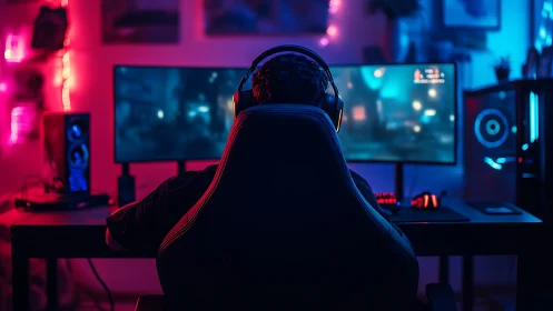 Immersed gamer in neon-lit dual monitor battlestation setup.