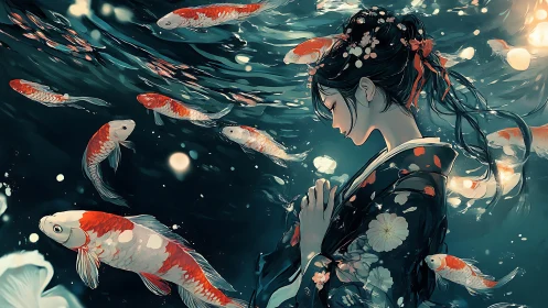 Dreaming beneath koi lanterns in a quiet underwater night.