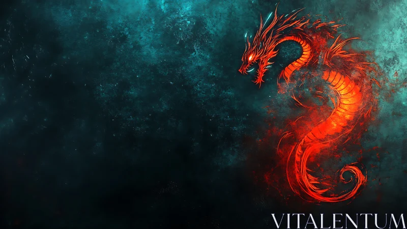 Fiery red dragon silhouette on dark textured blue field.