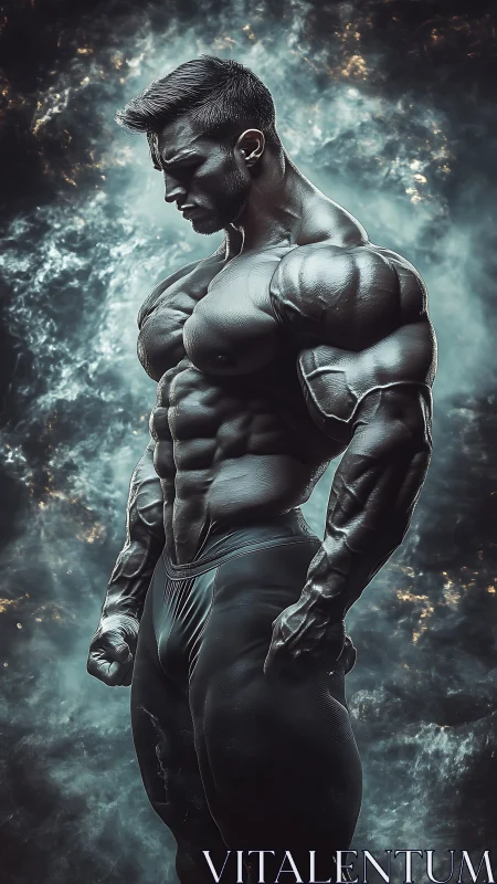 Hyperreal digital bodybuilder amid cosmic storm light.