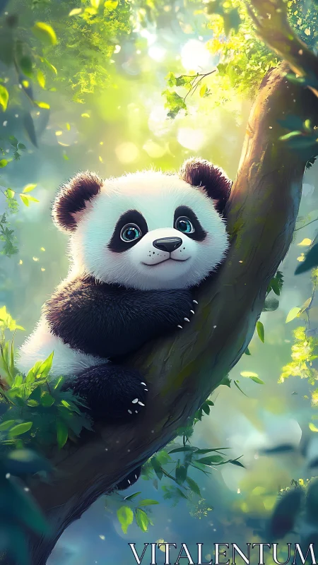 Baby panda clings to sunlit forest tree in soft focus glow