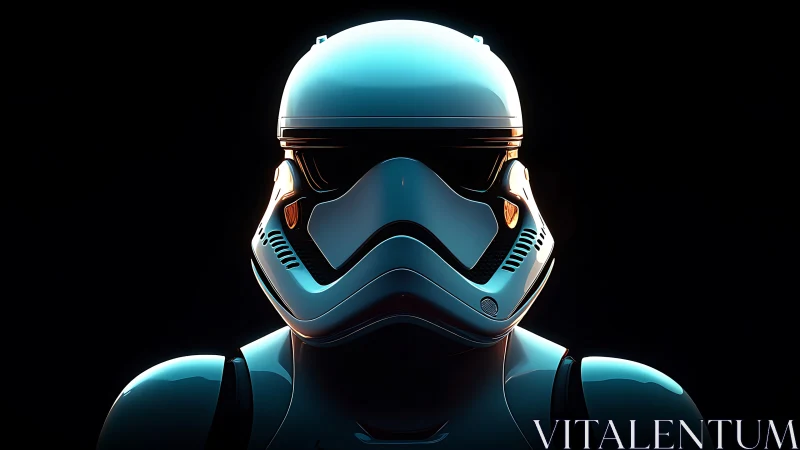 Luminescent sci-fi trooper helmet under dramatic rim light.