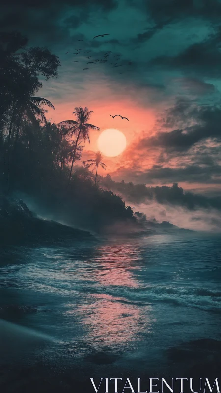 Moonlit tropical shore glows softly in dreamy twilight hues