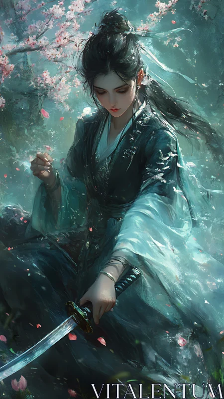 Sword-bearing warrior beneath luminous cherry blossoms.