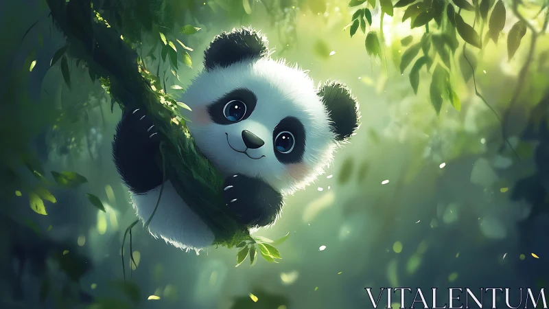 Playful baby panda peeking from a sunlit forest branch.