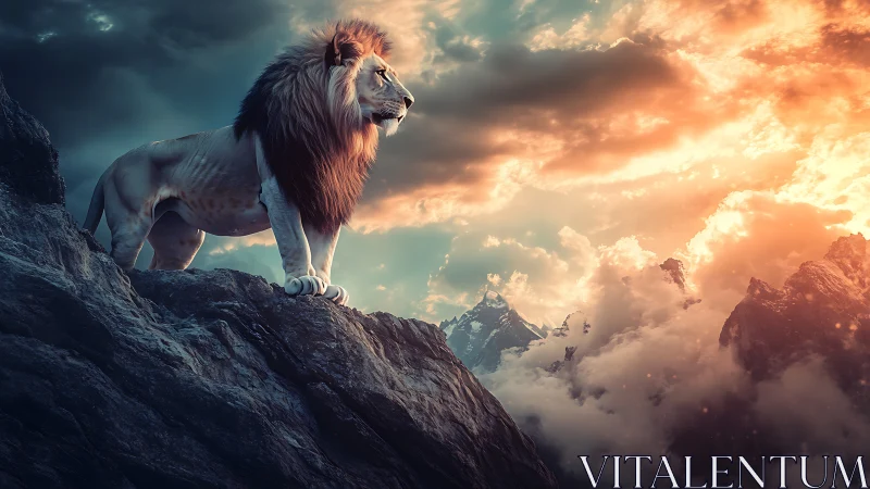 Lion standing on rocky cliff at dramatic mountain sunset.