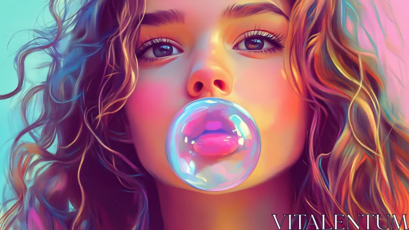 Vibrant neon portrait with bubblegum highlight and curls.