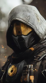 Hooded cybernetic sentinel stands in drifting embers at dusk.