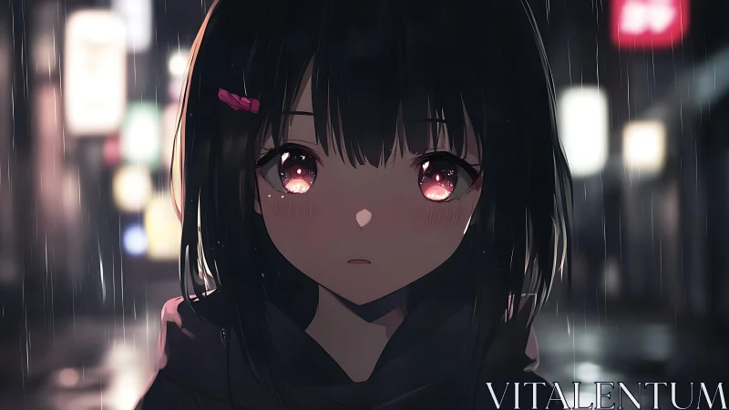 Rain-soaked anime portrait uses bokeh depth, soft rim lighting, specular eyes