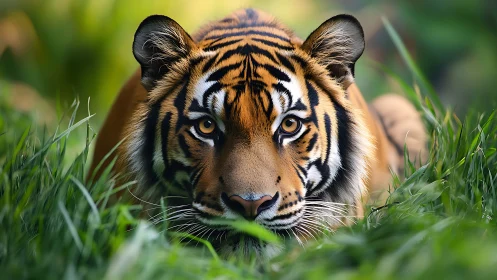 Tiger’s intense golden gaze cuts through lush jungle grass