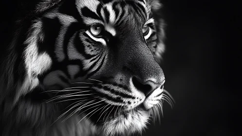 Tiger portrait in dramatic monochrome light and shadow.